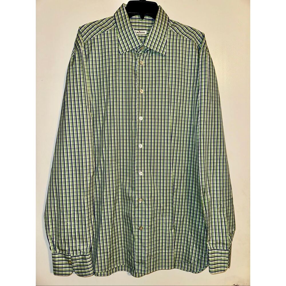 Kiton Shirt Mens Blue Green White striped Plaid LUXURY ITALY Long Sleeve 18.5 Ne